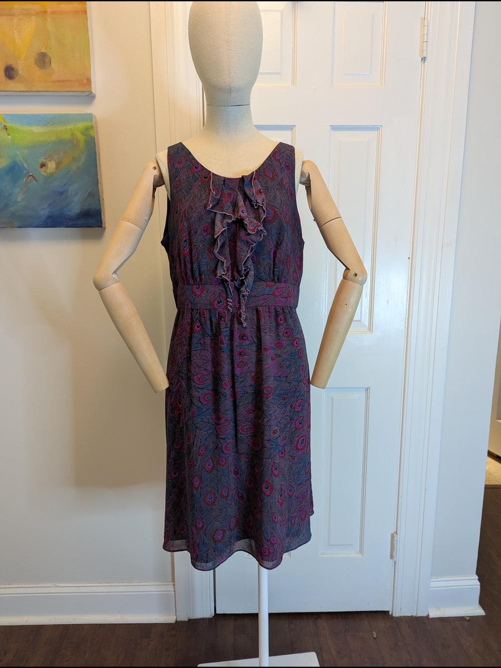 I Heart Ronson Purple Peacock Feather Ruffle-Front Midi Dress